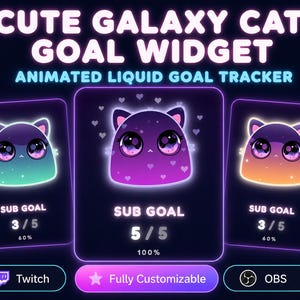May include: A digital graphic titled CUTE GALAXY CAT GOAL WIDGET ANIMATED LIQUID GOAL TRACKER featuring three rectangular cards with cat-shaped characters in purple, teal, and orange gradients, displaying sub goal progress and status icons.