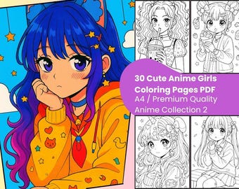 Libro para colorear de chicas anime (30 páginas) – PDF imprimible estilo manga para niños, adolescentes y adultos - Páginas kawaii