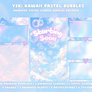 May include: A digital art package with a Y2K aesthetic. The design features pastel colors, bubbles, and the text "Starting Soon." Includes premade overlays, animated screens, static screens, frames, alerts, notifications, and stickers for streaming.