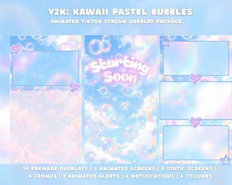 Kawaii Y2K Tiktok Stream Overlay Paket, niedliches pastellblaues animiertes vertikales gemütliches Gaming-Chat-Live-Stream-Mobile-TikTok-Live-Studio