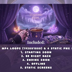 Cozy Witchy Coffee Animated Twitch Screens Pack Purple Witch Night Window Tarot Stream Animated Overlays Pack Gothic Dark Starting Soon image 3