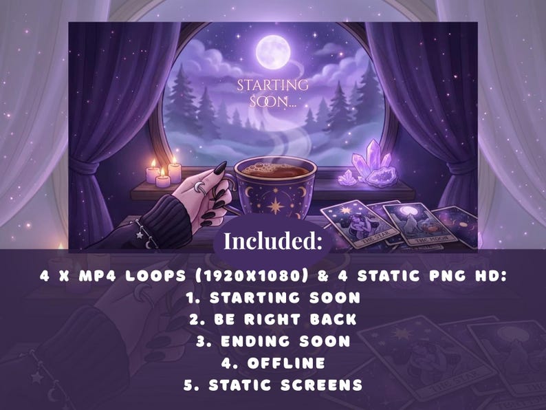 Cozy Witchy Coffee Animated Twitch Screens Pack Purple Witch Night Window Tarot Stream Animated Overlays Pack Gothic Dark Starting Soon image 3