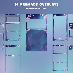 Pode incluir: Catorze sobreposi&ccedil;&otilde;es PNG transparentes pr&eacute;-fabricadas com um fundo gradiente azul e roxo. Cada sobreposi&ccedil;&atilde;o tem uma moldura retangular ou quadrada com detalhes de flores de cerejeira e cora&ccedil;&atilde;o. O texto "14 PREMADE OVERLAYS" e "TRANSPARENT PNG" est&aacute; no topo.