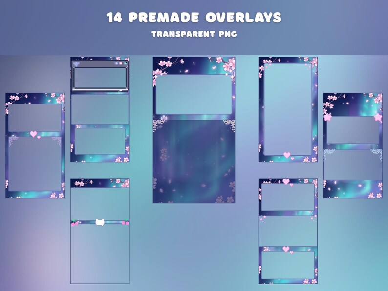 Pode incluir: Catorze sobreposi&ccedil;&otilde;es PNG transparentes pr&eacute;-fabricadas com um fundo gradiente azul e roxo. Cada sobreposi&ccedil;&atilde;o tem uma moldura retangular ou quadrada com detalhes de flores de cerejeira e cora&ccedil;&atilde;o. O texto "14 PREMADE OVERLAYS" e "TRANSPARENT PNG" est&aacute; no topo.