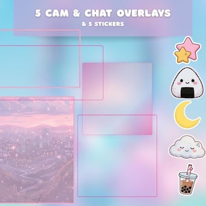 K&ouml;nnte beinhalten: Digitale Overlays und Sticker f&uuml;r Streaming. Das Bild zeigt f&uuml;nf Kamera- und Chat-Overlays mit rosa Rahmen und f&uuml;nf Stickern, darunter ein Stern, ein Reisball, ein Mond, eine Wolke und ein Bubble Tea. Der Hintergrund ist ein Farbverlauf aus Blau, Rosa und Lila.
