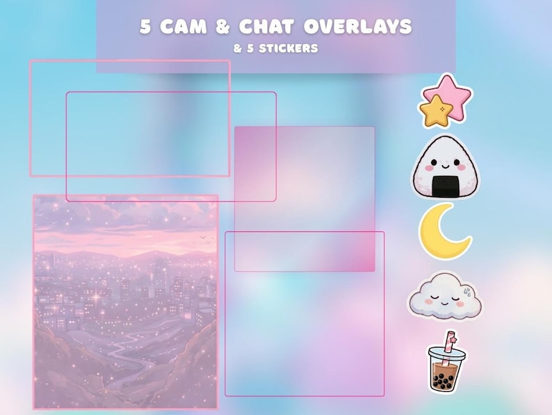 K&ouml;nnte beinhalten: Digitale Overlays und Sticker f&uuml;r Streaming. Das Bild zeigt f&uuml;nf Kamera- und Chat-Overlays mit rosa Rahmen und f&uuml;nf Stickern, darunter ein Stern, ein Reisball, ein Mond, eine Wolke und ein Bubble Tea. Der Hintergrund ist ein Farbverlauf aus Blau, Rosa und Lila.