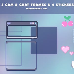 Pode incluir: Imagem digital com 5 molduras de c&acirc;mera e chat e 4 adesivos. As molduras s&atilde;o pixelizadas e retangulares, em tons de cinza e azul. Os adesivos incluem cerejas rosas, cora&ccedil;&otilde;es e um bal&atilde;o de fala em forma de gato. O texto na parte superior diz "5 CAM & CHAT FRAMES & 4 STICKERS".