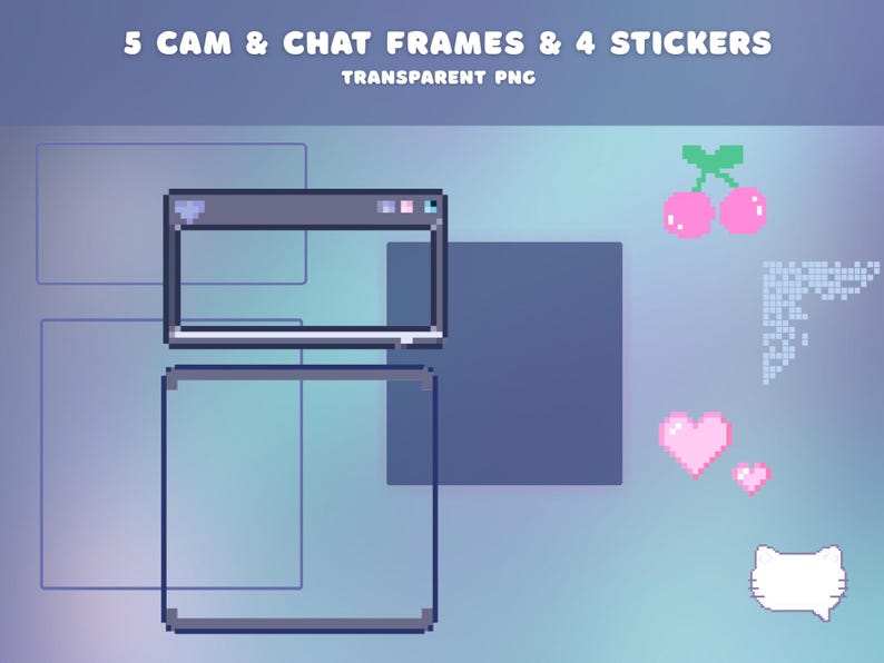 Pode incluir: Imagem digital com 5 molduras de c&acirc;mera e chat e 4 adesivos. As molduras s&atilde;o pixelizadas e retangulares, em tons de cinza e azul. Os adesivos incluem cerejas rosas, cora&ccedil;&otilde;es e um bal&atilde;o de fala em forma de gato. O texto na parte superior diz "5 CAM & CHAT FRAMES & 4 STICKERS".