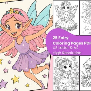 Könnte beinhalten: Ein digitaler Download von 25 Feen-Malvorlagen. Das Bild zeigt eine farbenfrohe Illustration einer Fee mit rosa Haaren und einem lila Kleid, umgeben von Sternen. Der Text lautet "25 Fairy Coloring Pages PDF US Letter & A4 High Resolution."