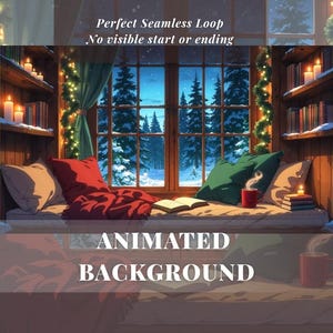 Peut inclure: Image d'arrière-plan animé d'un coin lecture douillet avec une fenêtre donnant sur une forêt enneigée. La scène comprend des oreillers, une couverture, une tasse et des livres. Le texte sur l'image indique "Perfect Seamless Loop" et "Animated Background".