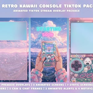 May include: A digital art pack for TikTok streams, featuring a retro kawaii console theme. The design includes animated screens, overlays, stickers, and chat frames. The color palette is pastel with a cityscape background and text that reads "Retro Kawaii Console TikTok Pack".