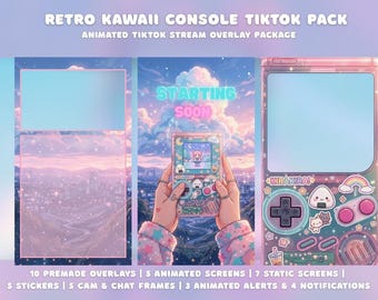 Kawaii TikTok Stream Overlay Package | Cute Pink Animated Vertical Retro Gaming Console Live Stream Screens | Pastel Vtuber Overlays