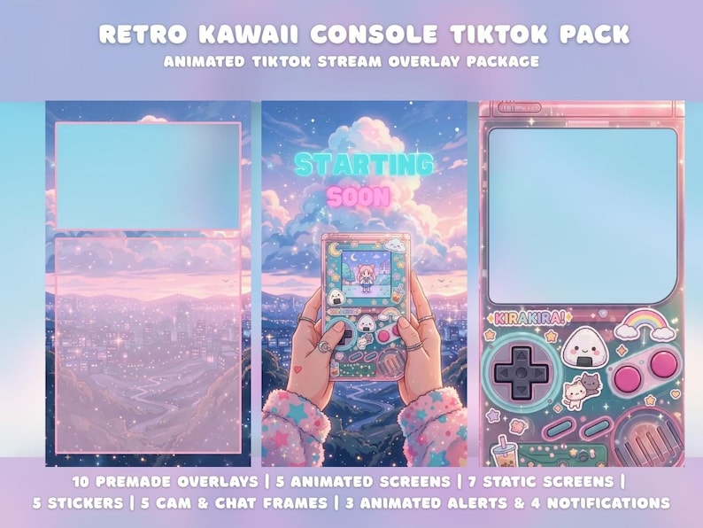 K&ouml;nnte beinhalten: Ein digitales Kunstpaket f&uuml;r TikTok-Streams mit einem Retro-Kawaii-Konsolen-Thema. Es enth&auml;lt animierte Bildschirme, Overlays, Aufkleber und Chat-Rahmen. Das Design hat eine Pastellfarbpalette, einen Stadtbildhintergrund und Text "Retro Kawaii Console TikTok Pack".