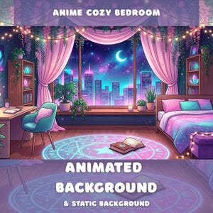 Anime Cozy Bedroom Animated Background Night Sky Stars City Lights Vtuber Room Overlay Twitch Stream Lofi Aesthetic Zoom Desktop Wallpaper