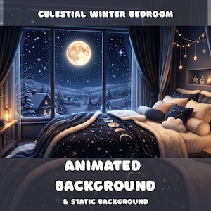 May include: A bedroom scene with a large window overlooking a snowy landscape under a full moon. The bed features a dark blue blanket with moon phase patterns, white faux fur trim, and star-themed pillows. Text reads CELESTIAL WINTER BEDROOM.