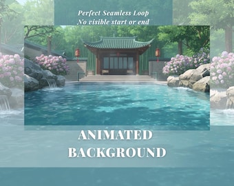 May include: An animated background depicting an Asian-style scene. A traditional building with a green tiled roof is near a pool of water. Pink flowers and waterfalls frame the scene. Text reads "Perfect Seamless Loop" and "Animated Background."