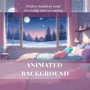 May include: An animated bedroom scene with a snowy winter landscape visible through the window. The room features a bed with pillows, a small chair, and a shelf with decor. Text on the image reads "Perfect Seamless Loop" and "Animated Background."