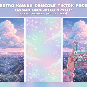 K&ouml;nnte beinhalten: Ein digitales Kunstpaket mit Retro-Kawaii-Thema. Das Bild zeigt drei Tafeln: eine Stadtlandschaft, einen pastellfarbenen Hintergrund mit Sternen und eine Person, die eine rosa Handheld-Konsole h&auml;lt. Der Konsolenbildschirm zeigt eine Zeichentrickfigur. Der Text oben lautet "RETRO KAWAII CONSOLE TIKTOK PACK".