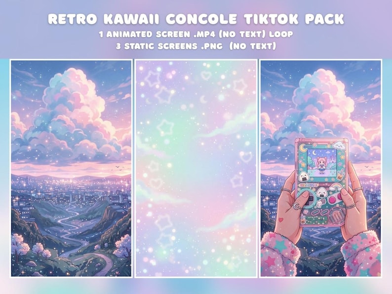 K&ouml;nnte beinhalten: Ein digitales Kunstpaket mit Retro-Kawaii-Thema. Das Bild zeigt drei Tafeln: eine Stadtlandschaft, einen pastellfarbenen Hintergrund mit Sternen und eine Person, die eine rosa Handheld-Konsole h&auml;lt. Der Konsolenbildschirm zeigt eine Zeichentrickfigur. Der Text oben lautet "RETRO KAWAII CONSOLE TIKTOK PACK".