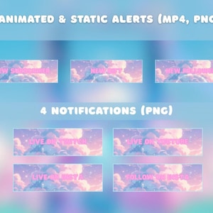 K&ouml;nnte beinhalten: Digitale Grafiken f&uuml;r Streaming, mit animierten und statischen Benachrichtigungen und Hinweisen. Das Design enth&auml;lt Text wie "New Subscriber", "New Gift" und "New Follower". Die Benachrichtigungen umfassen "Live on Twitch", "Live on YouTube", "Live on Insta" und "Follow on Insta."