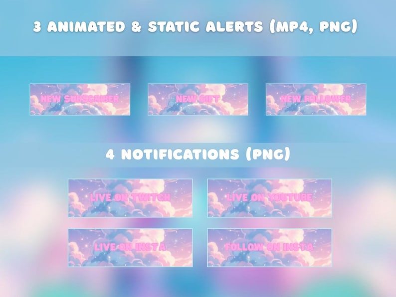 K&ouml;nnte beinhalten: Digitale Grafiken f&uuml;r Streaming, mit animierten und statischen Benachrichtigungen und Hinweisen. Das Design enth&auml;lt Text wie "New Subscriber", "New Gift" und "New Follower". Die Benachrichtigungen umfassen "Live on Twitch", "Live on YouTube", "Live on Insta" und "Follow on Insta."