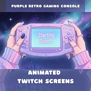 Puede incluir: Una consola de juegos portátil de color morado con una pantalla que muestra el texto Starting Soon. La consola está decorada con pequeños iconos de estrellas, lunas y corazones. El diseño presenta una paleta de colores pastel sobre un fondo galáctico.