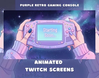 Purple Retro Gaming Twitch Screens Animated Stream Overlays Cute Pixel Stream Package Overlay 90s Gaming Console Starting Soon Ending Pack