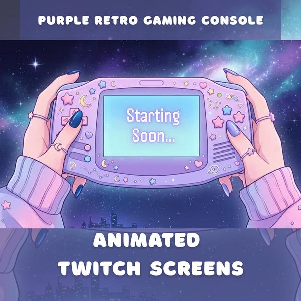 Purple Retro Gaming Twitch Screens Animated Stream Overlays Cute Pixel Stream Package Overlay 90s Gaming Console Starting Soon Ending Pack
