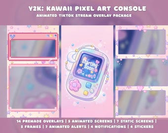 Kawaii Y2K TikTok Stream Overlay Package, Cute Pastel Pink Pixel Art Animated Vertical Retro Gaming Live Stream Mobile TikTok Live Studio