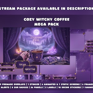 Cozy Witchy Coffee Animated Twitch Screens Pack Purple Witch Night Window Tarot Stream Animated Overlays Pack Gothic Dark Starting Soon image 5
