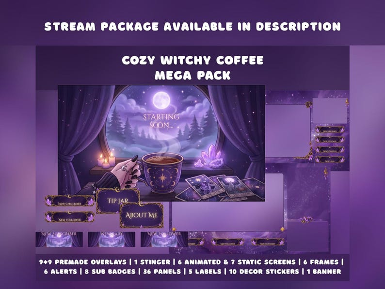 Cozy Witchy Coffee Animated Twitch Screens Pack Purple Witch Night Window Tarot Stream Animated Overlays Pack Gothic Dark Starting Soon image 5