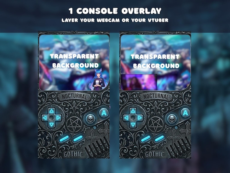 May include: Two console overlays with a gothic design. Each overlay has a transparent background and features the text "Transparent Background" and "Nocturnal". The overlays have a dark gray color with blue accents and the word "Gothic".