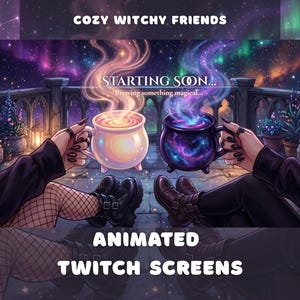 May include: An animated Twitch screen titled STARTING SOON... Brewing something magical... featuring two hands holding cauldron-shaped mugs with swirling steam against a night sky background with aurora borealis, stone railings, and potted plants.