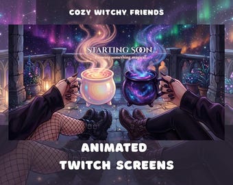 Cozy Witch Friends Animated Twitch Screens Pack Purple Witchy Night Potion Halloween Stream Animated Overlays Pack Gothic Dark Starting Soon