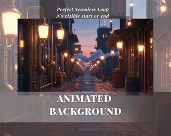 Fundo animado Steampunk Street em HD 60FPS com loop contínuo em estilo vitoriano para transmissões ao vivo no YouTube, Twitch, Zoom e VTubers.