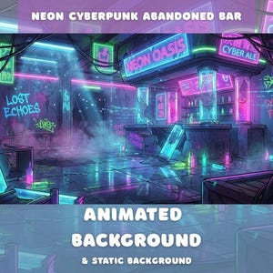 May include: A digital illustration of a neon cyberpunk bar, featuring signs like "Neon Oasis" and "Cyber Ale." The image shows a futuristic, abandoned bar with vibrant lights, bottles, and the text "Lost Echoes."