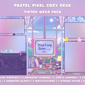 May include: A digital asset pack titled PASTEL PIXEL COZY DESK TIKTOK MEGA PACK featuring pixel art overlays, screens, and stream decor. The design includes a computer monitor displaying Starting Soon, a keyboard, books, and potted plants in pastel colors.
