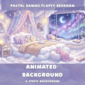 Pastel Kawaii Fluffy Bedroom Animated Background Cute Night Starry Sky Cozy Room Vtuber Overlay Twitch Pink Aurora Clouds Desktop Wallpaper