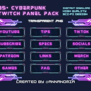 以下が含まれることがあります： サイバーパンクTwitchパネルパック、SFデザイン。画像には、「Youtube」、「Subscribe」、「Patreon」、「Tips」、「Specs」、「Links」、「Tiktok」、「Socials」、「Merch」、「Games」、「FAQ」、「Other」などのテキストが記載された、ネオンピンクとティール色の12個のパネルが表示されています。