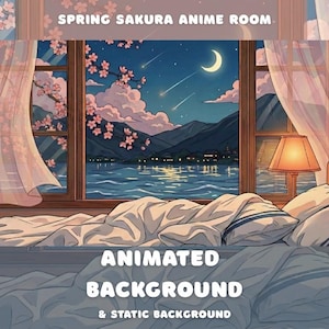 Puede incluir: Ilustración de estilo anime de un dormitorio con vista a una escena nocturna. La ventana revela un lago, montañas y una luna creciente. El texto "SPRING SAKURA ANIME ROOM" y "ANIMATED BACKGROUND & STATIC BACKGROUND" son visibles.