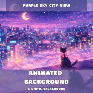 Può includere: Illustrazione digitale animata di un paesaggio urbano sotto un cielo viola con una luna a mezzaluna. Un gatto nero con un fiocco rosa è seduto su un tetto, che guarda la città. Il testo recita "Purple Sky City View" e "Animated Background & Static Background."