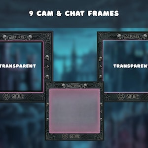 May include: Three gothic-themed cam and chat frames with a transparent center. The frames are black with skull and cross accents, spiderwebs, and the words "NOCTURNAL" and "GOTHIC". The text "TRANSPARENT" is displayed in white.