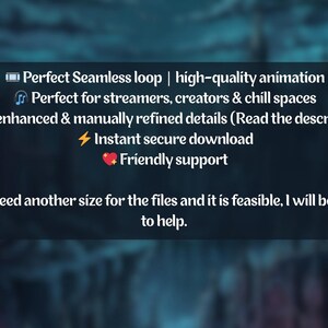 May include: Dark blue graphic with white text promoting a seamless loop animation. The text highlights high-quality animation, AI-enhanced details, and instant downloads. It also mentions support and custom sizing options.