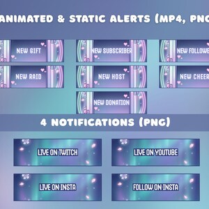 Pode incluir: Gr&aacute;ficos digitais para transmiss&atilde;o ao vivo, incluindo 7 alertas animados e 4 notifica&ccedil;&otilde;es. Os alertas apresentam texto como "Novo presente" e "Novo assinante". As notifica&ccedil;&otilde;es incluem "Ao vivo no Twitch" e "Ao vivo no YouTube".
