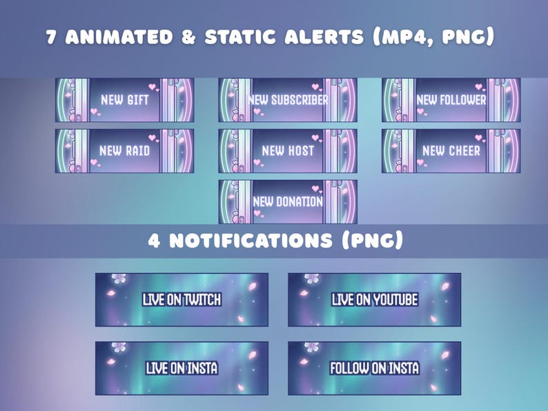 Pode incluir: Gr&aacute;ficos digitais para transmiss&atilde;o ao vivo, incluindo 7 alertas animados e 4 notifica&ccedil;&otilde;es. Os alertas apresentam texto como "Novo presente" e "Novo assinante". As notifica&ccedil;&otilde;es incluem "Ao vivo no Twitch" e "Ao vivo no YouTube".