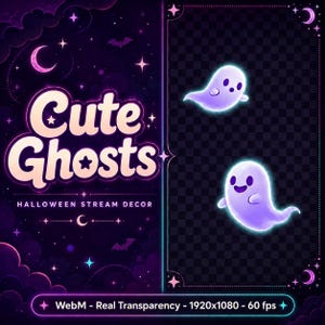May include: Digital stream decor featuring the text Cute Ghosts Halloween Stream Decor and WebM - Real Transparency - 1920x1080 - 60 fps. The design includes two glowing purple cartoon ghosts against a dark starry night sky with clouds and bats.
