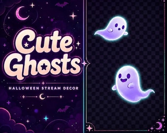 May include: Digital stream decor featuring the text Cute Ghosts Halloween Stream Decor and WebM - Real Transparency - 1920x1080 - 60 fps. The design includes two glowing purple cartoon ghosts against a dark starry night sky with clouds and bats.