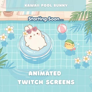Könnte beinhalten: Animierter Twitch-Bildschirm mit einem Cartoon-Hasen mit Sonnenbrille auf einem Pool-Schwimmer. Ein kleines gelbes Küken schwimmt in der Nähe. Die Worte "Kawaii Pool Bunny" und "Starting Soon..." stehen oben. Die Worte "Animated Twitch Screens" stehen unten.