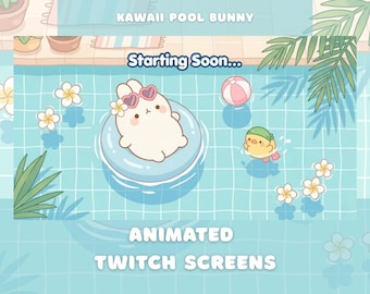 Kawaii Pool Bunny Animated Stream Screens Overlay Pack Cute Pastel Summer Pool Party VTuber Twitch Overlay Loading Starting Soon Ending BRB