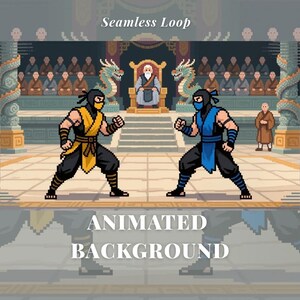 Puede incluir: Fondo animado pixelado con dos personajes en posición de combate. Uno es amarillo y negro, el otro azul y negro. El fondo incluye un trono, dragones y el texto "Seamless Loop" y "Animated Background".